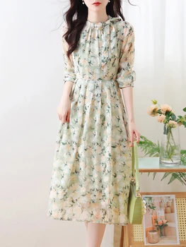 Verde șifon florale rochie cu mâneci lungi de femei 2023 toamna noua versiunea coreeană de libertate moda temperament rochii lungi casual