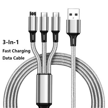 3-În-1 Multi-Port 2a Încărcare Rapidă Cablu Cablu Lightning Usb C Cablu cu Miez din Cupru Nailon Împletite Anti-vergeturi pentru Iphone 11 Xiaomi