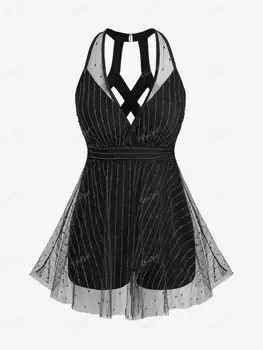 ROSEGAL Plus Dimensiunea Femei-O Bucată de costume de Baie Negru Ochiurilor Suprapunere Criss-Cross Boyleg Căptușit Costume de baie Costum de Baie
