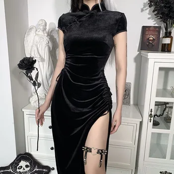 Chineză Stand Guler Gotic Rochie Cheongsam Rochii Vintage Femei Bandaj Negru Tiv Fantă De Seara Sexy Qipao Rochie Lungă Vestidos
