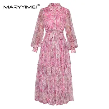 MARYYIMEI Moda de Toamna pentru Femei rochie Guler de Turn-down Felinar Mâneci Singur pieptul Floral-Print Lace-up Rochii