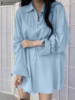 ZANZEA coreeană de Moda de Toamnă Lungă Bluze Elegante, Bluze Supradimensionate Drop-umar Casual Camasa Albastru pentru Femei cu Maneca Lunga Tricouri de Bază