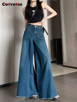Cotvotee Liber Blue Jeans pentru Femei 2023 Noua Moda Vintage Burr Blugi cu Talia Inalta Chic Streetwear toată Lungimea Y2k Flare Jeans