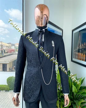 Costum pentru bărbați Rochii de Seara de Lux Pentru Mire 2023 Montate Subțire Negru Jacquard Sacouri Seturi 3 Piese Afaceri Sociale Formale Haine
