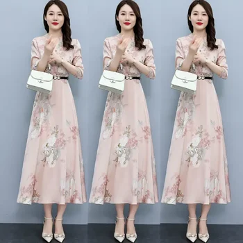 2023 Nouă Primăvară de Toamnă de Moda Rochie de Mătase Imprimate la Mijlocul lunii vițel a-Line se potrivesc Slim Fit Mâneci Lungi Stil Chinezesc Haine Femei Haine