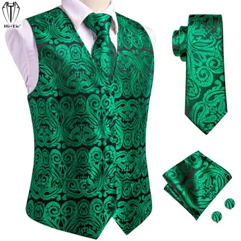 Hi-Cravată Verde Floral Silk Mens Vesta Hankerchief Butoni Set Jacquard Costum Vesta fără Mâneci Jacheta pentru Nunta, Cadou de Afaceri