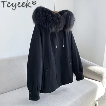 Tcyeek Femei Blana de Iepure Rex Căptușeală Detașabilă Hanorac 2023 Noi Capișon Jachete de Iarnă pentru Femei Îmbrăcăminte Caldă Guler de Blană de Raton