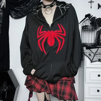 Spider Web Flocking Mall Întuneric Gotic Hoodies Zip Hanorac Cu Grunge Moda Jachete Femei Streetwear Supradimensionat Alt Haine