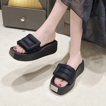 Brand de Pantofi pentru Femei de Metal Decor Femei Papuci Platforma Burete de Jos Pană Sandale cu Deget de la picior Pătrat Casual, Papuci de Femei