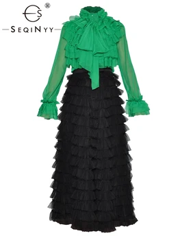 SEQINYY Elegant Costum de Vară, de Primăvară Nou Design de Moda Femei Pista Verde Bluza + Fusta Lunga Neagra-Linie de Vacanță Volane