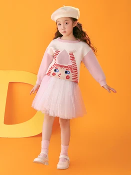 【DIMU】Fete pulover 2023 toamna anului nou copilăresc ilustrare fetita pulover de culoare lovit pulover tricot pentru copii topuri