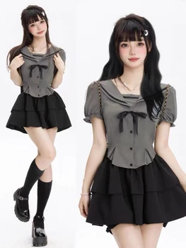 2023 Vara Pentru Femei Maneci Scurte Arc Bluza + Negru Fuste Mini Moda Bodycon Tinutele Chic Japoneză Casual Y2k Petrecere, Costume De Stil