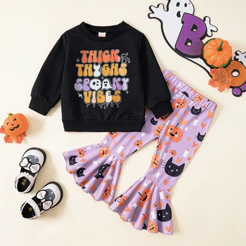 Citgeett Toamna Halloween Copii Fete Copii Pantaloni Seturi Maneca Lunga Scrisoare De Imprimare Tricou Dovleac Print Pantaloni Evazate Seturi