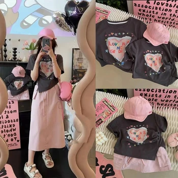 Mama Fiicei 2 BUC Seturi de Moda pentru Femei T-shirt Fusta Costum Copil coreean Fete Teuri Utilaje pentru Mami și de Potrivire Haine