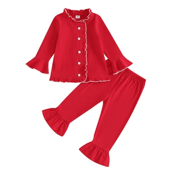 Toddler Girls 2 buc Set de Pijama cu Maneca Lunga Zburli Asieta Buton Jos Tricoul și Pantaloni Set de Pijamale