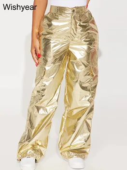 Femeile Y2K Streetwear Elastic Talie Mare Butonul Buzunare Cordon Manseta pantaloni de Trening Pantaloni Stradă Metalice Aurire Pantaloni de Marfă