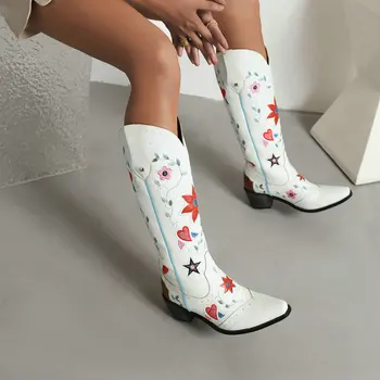 Ippeum alb cizme de cowboy pentru femei embroideried flori din piele PU țară occidentală fermiera pantofi festival BOTAS