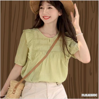 Drăguț Peplum Elegant Topuri Femeile Coreea de Vara Japonia Stil de Design Verde Puff Maneca Volane Tricouri Bluze Vintage FLHJLWOC