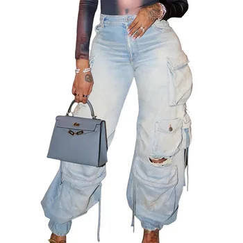 Femei Multi-pocket Jean Pantaloni Vintage Casual Pantaloni Blugi Largi Picior Streetwear