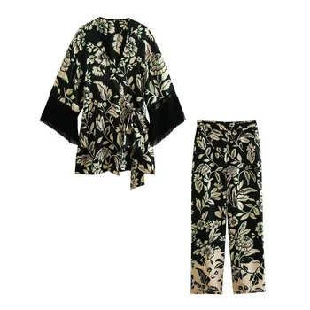 Primavara-Vara Kimono Jumătate Maneca Pantaloni Seturi V-Gât Curea De Moț Tricou Imprimat De Sus Și Casual, O Pereche De Pantaloni Drepti Pentru Femei Seturi De Potrivire