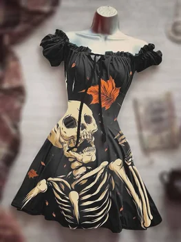 2023 Vânzare Fierbinte Nouă Teroare Craniu de Halloween Haine Negre Sun Moon Dress Hawaiian Rochie Boem Frumusete 3D Negru