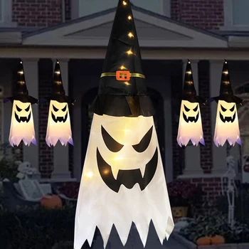45-80CM LED Decor de Halloween Lumină Intermitentă Gypsophila Ghost Festival Rochie Stralucitoare Wizard Fantomă Pălărie Lampă Agățat Decor