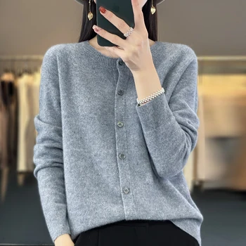 Cardigan clasic de prima linie ready-to-wear 100% lână pură high-end de toamnă și de iarnă vrac solid de culoare cu mâneci lungi de top femeie