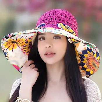 Palarie De Soare Stil Etnic Imprimare Mozaic De Culoare Arc Legat Decor Pălărie De Vară Pentru Femei Big Refuz Floppy Pălărie De Paie