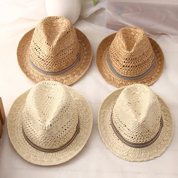 Pălărie de paie Părinte-Copil Respirabil Jazz Pălărie la Modă Britanic Pălărie de Vară pentru Bărbați Panama Pălărie de Paie pe Plajă pentru Copii Soare