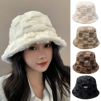 Iarna Bucket Hat pentru Femei Carouri Cald Plus Pescar Capac coreean Doamnelor Faux Blană de Iepure se Ingroase Bob Pălării Panama gorro