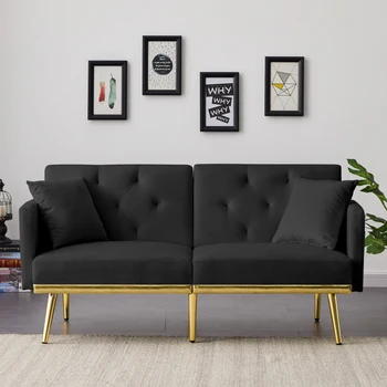 Catifea neagră canapea extensibilă Usor de asamblat pentru interior, mobilier camera de zi
