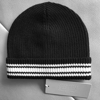 Margiela Stil Alb-Negru cu Dungi Tricotate Pălărie de Lână Clasic Patru Colț Standard Împletit Toamna Iarna Capace Originale