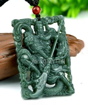 Verde Natural HeTian Jad Sculptat Sabie Chinezească GuanGong Amuleta Gol Margele Pandantiv Colier + Certificat Retro Bijuterii Cadou
