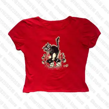 Streetwear Estetice Grunge Copilul Tee Vintage Femei pisica drăguț Print Casual cu Maneci Scurte T-Shirt Y2k Haine Goth Fata Emo Culturilor Sus