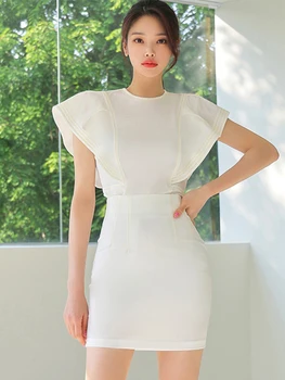 Moda Coreeană Albe De Vara Chic 2 Bucata Costum Formale Elegante Office Femei Trunchiate Topuri Tricou Bluza Fusta Mini Mujer Set Scurt