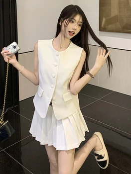 Vara Moda coreeană Două Bucata Set pentru Femei O-gât un Singur rând Sacou fără Mâneci Top + Fusta Plisata Mini Seturi de Haine